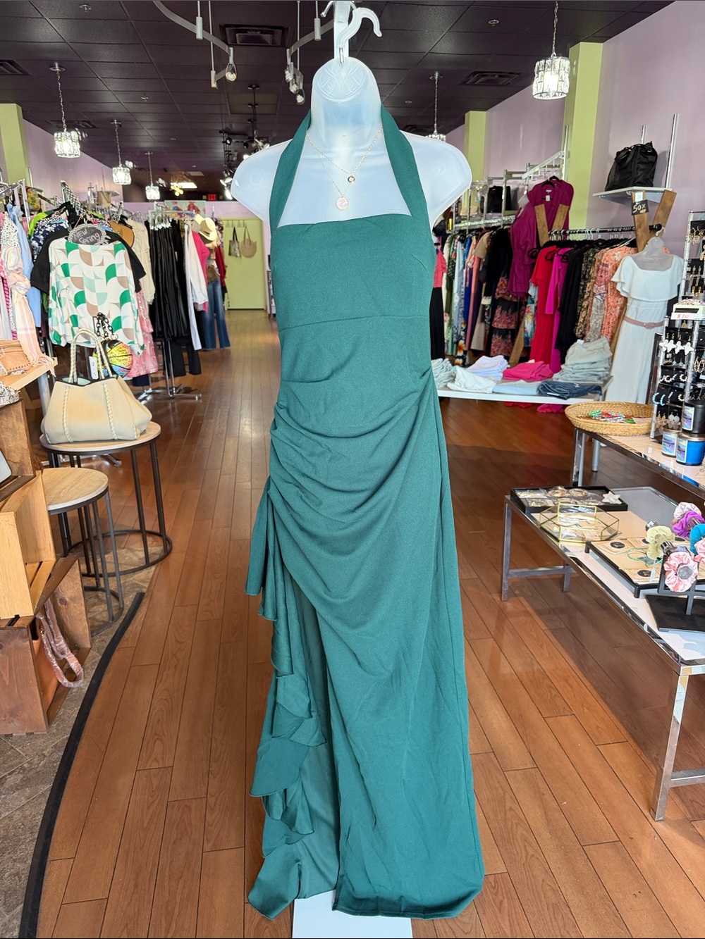 Green Halter Ruffle Maxi Dress - Women